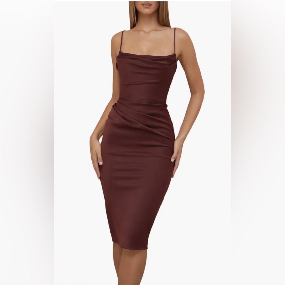 House of CB Brown Ruched Strapless Bodycon Dress